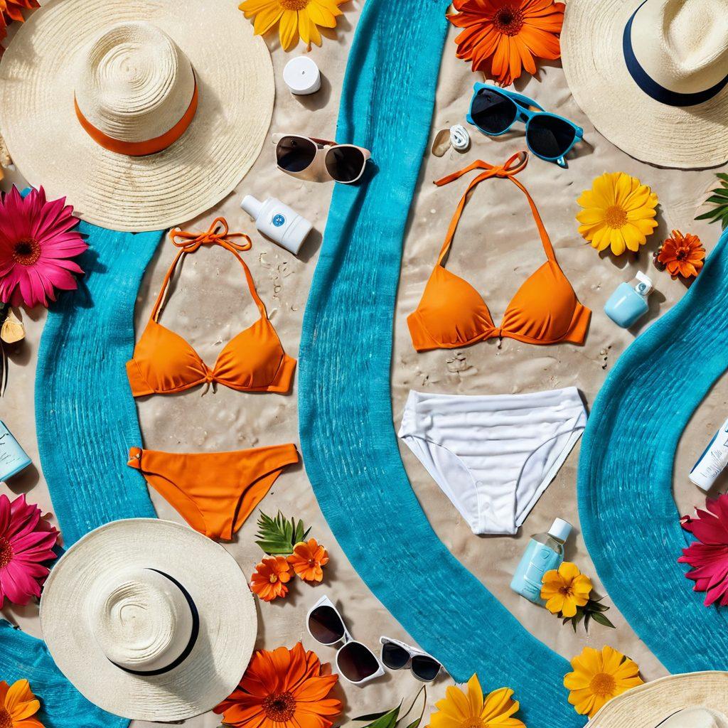 A beautifully arranged flat lay of various bikinis in vibrant summer colors alongside essential care items like gentle fabric detergents and a cute, stylish towel. Include sun hats, sunglasses, and tropical flowers to evoke a summer vibe. The background should resemble a sandy beach with soft waves, creating a relaxed atmosphere. super-realistic. vibrant colors. beach-themed.